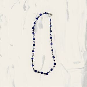 Silver Tone Necklace Blue Lapis Bead Woven Link Toggle Clasp Statement‎ Jewelry